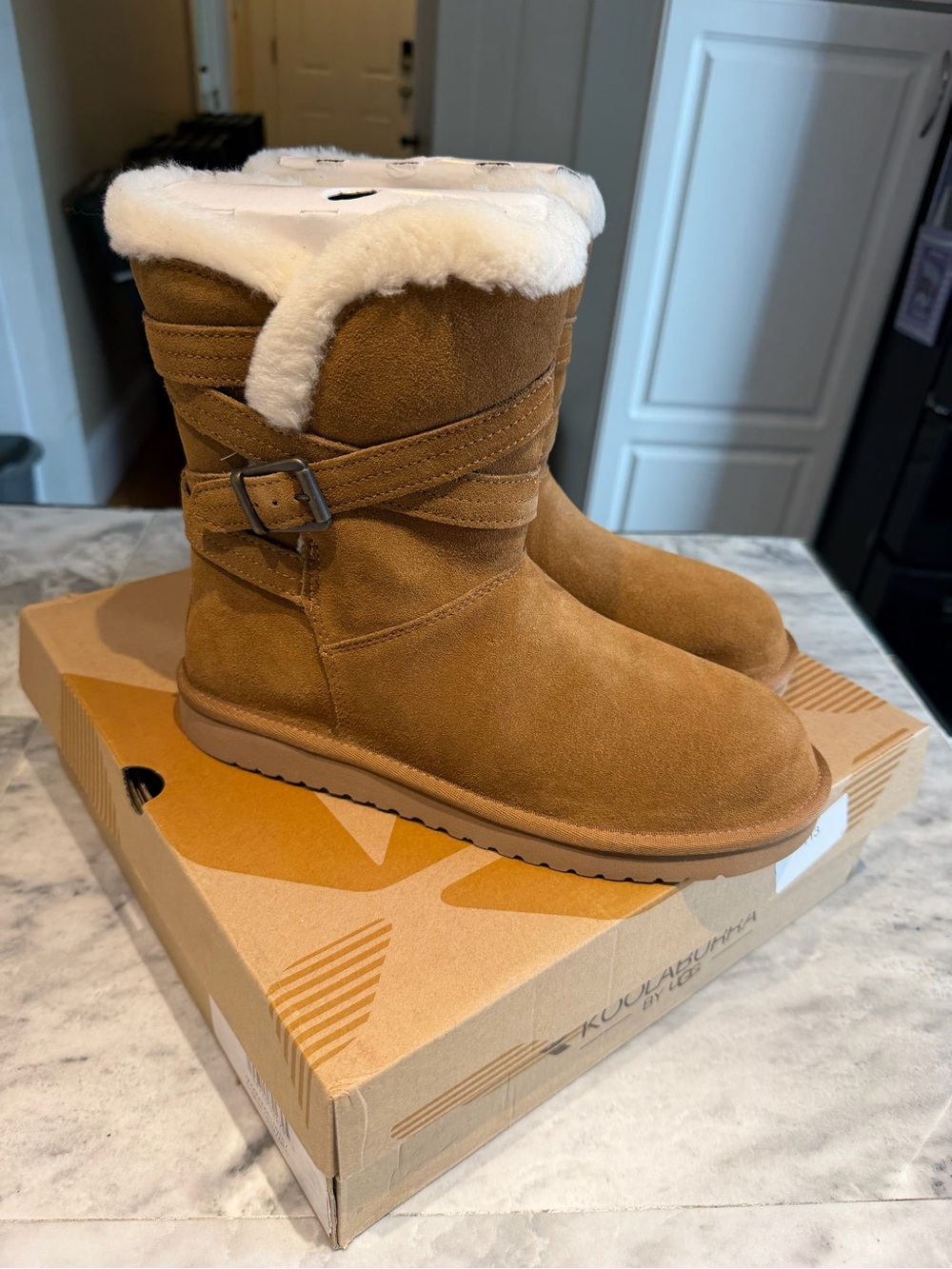 Koolaburra Chestnut Suede Winter Boots with White Faux Fur Cuff